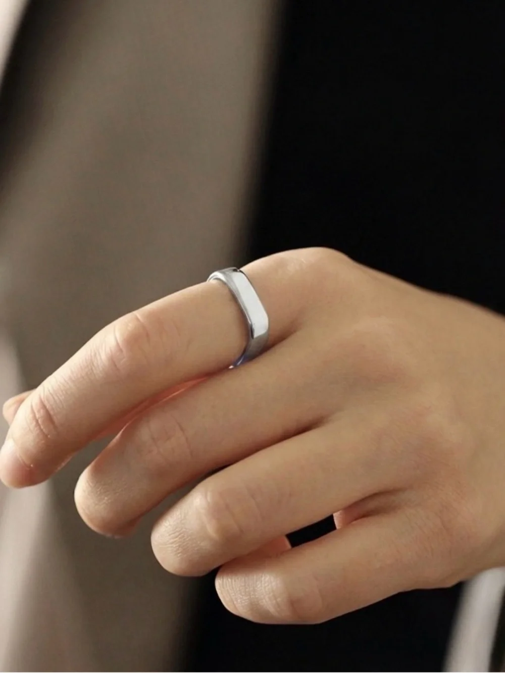 Platinum Plated Modern Square Silver Edge Band Ring  | Minimalist Elegant Ring